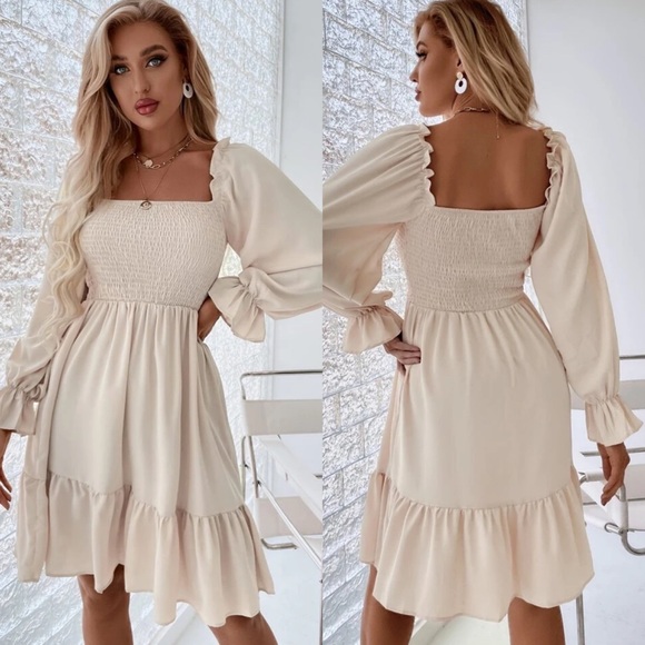 Boho square neck long puff sleeve shirred dress - Picture 1 of 1